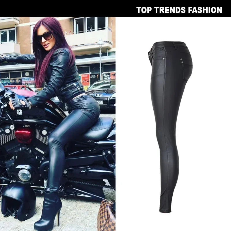 Damen-Lederhose mit niedrigem Bund – Stretch-PU-Kunstleder Bleistifthose